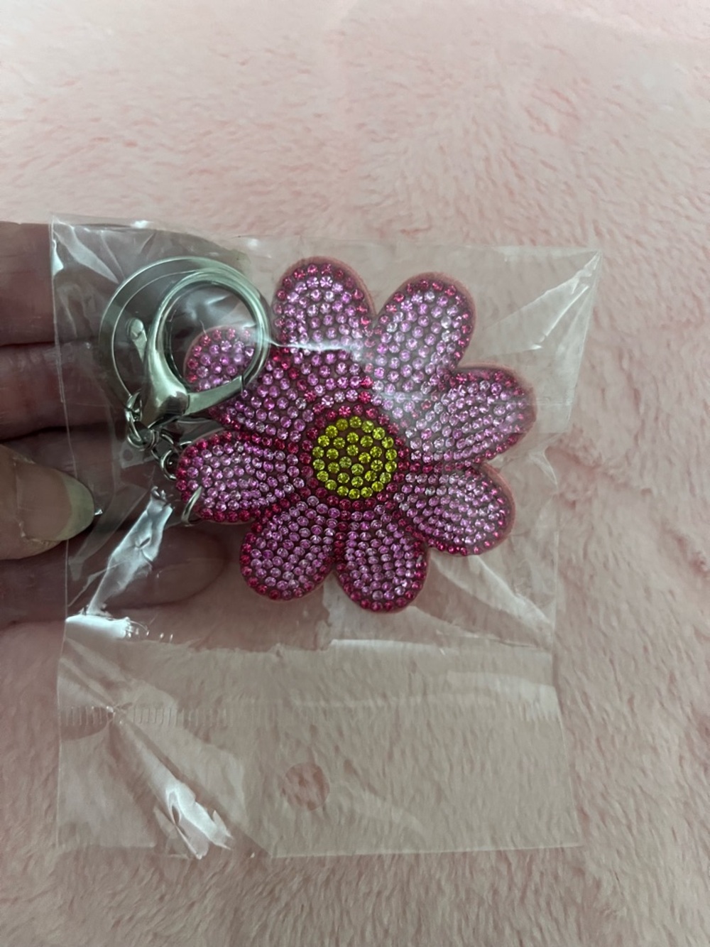 Pink Rhinestone Flower Keychain with Yellow Center - Picture 2 of 2
